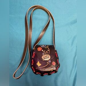 Mexican Leather Embroidered Cross Body Coin Purse